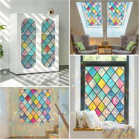 Haton Window Privacy Film Stained Glass Film, Rainbow Decorative Window Cling, Static Cling Sun Blocking Decals for Home Door, 3D Colorful Lattice Stickers, Non-Adhesive 17.5" x 78.7" in Saudi Arabia