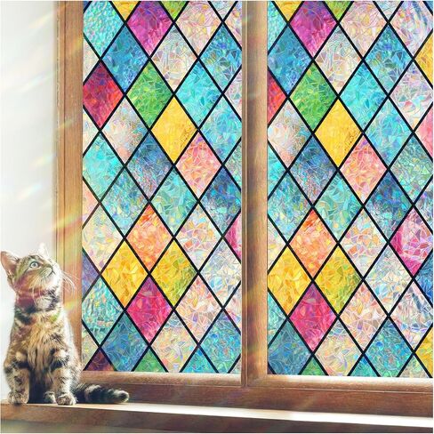 Haton Window Privacy Film Stained Glass Film, Rainbow Decorative Window Cling, Static Cling Sun Blocking Decals for Home Door, 3D Colorful Lattice Stickers, Non-Adhesive 17.5" x 78.7" in Saudi Arabia