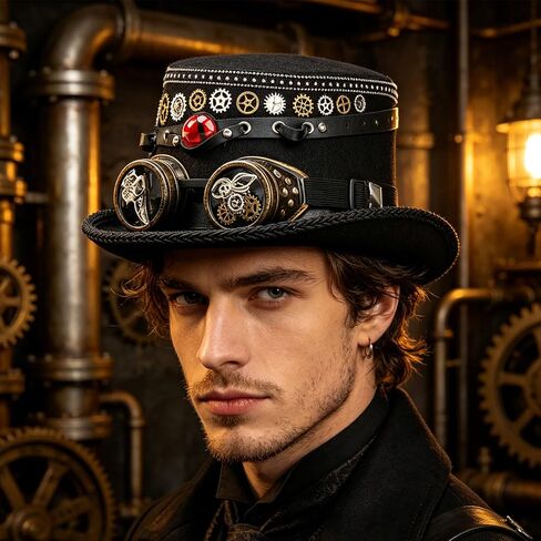 Industrial Age Fedoras Hat Coser Metal Gear Goggles Dark Mechanical Design for Themed Parties Cosplay Victorian Costume Hat in Kuwait