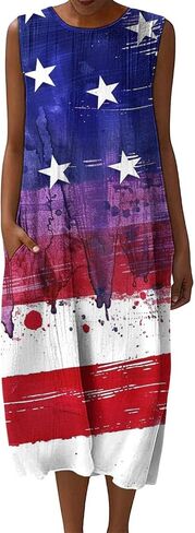 Linen Dresses Women 4th of July Dresses Cami Maxi Dress American Flag Sleeveless Dress with Pockets Beach Sundress in Saudi Arabia