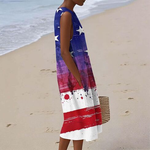 Linen Dresses Women 4th of July Dresses Cami Maxi Dress American Flag Sleeveless Dress with Pockets Beach Sundress in Saudi Arabia