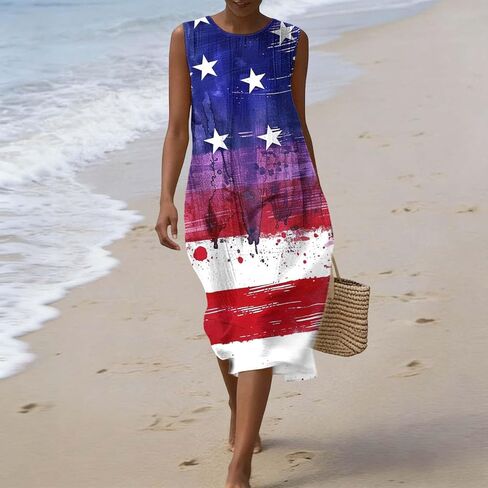 Linen Dresses Women 4th of July Dresses Cami Maxi Dress American Flag Sleeveless Dress with Pockets Beach Sundress in Saudi Arabia