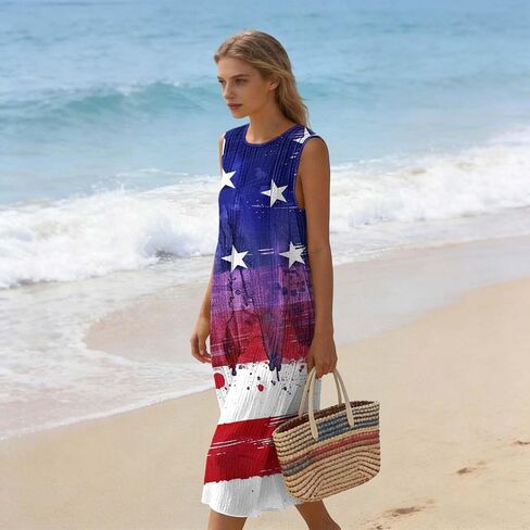 Linen Dresses Women 4th of July Dresses Cami Maxi Dress American Flag Sleeveless Dress with Pockets Beach Sundress in Saudi Arabia
