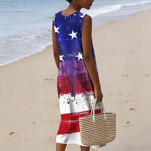 Linen Dresses Women 4th of July Dresses Cami Maxi Dress American Flag Sleeveless Dress with Pockets Beach Sundress in Saudi Arabia