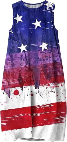 Linen Dresses Women 4th of July Dresses Cami Maxi Dress American Flag Sleeveless Dress with Pockets Beach Sundress in Saudi Arabia