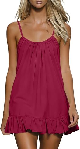Mini Dresses for Women Trendy Sleeveless Spaghetti Strap Ruffle Gauze Dress Casual Summer Beach Vacation Sundress in Kuwait