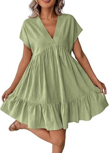 Womens Summer Flowy Dresses 2026 Casual Deep V Neck Loose Sundress Short Sleeve Mini Dress Beach Vacation Clothes in Saudi Arabia