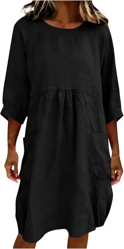 Linen Midi Dress for Women Summer 2026 Casual 3/4 Sleeve Crewneck Loose Fit Tunic Dresses Beach Vacation Clothes in Saudi Arabia