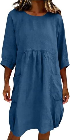 Linen Midi Dress for Women Summer 2026 Casual 3/4 Sleeve Crewneck Loose Fit Tunic Dresses Beach Vacation Clothes in Saudi Arabia