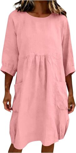 Linen Midi Dress for Women Summer 2026 Casual 3/4 Sleeve Crewneck Loose Fit Tunic Dresses Beach Vacation Clothes in Saudi Arabia