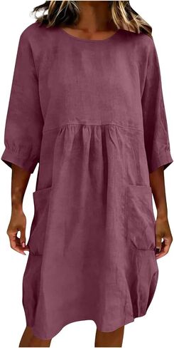 Linen Midi Dress for Women Summer 2026 Casual 3/4 Sleeve Crewneck Loose Fit Tunic Dresses Beach Vacation Clothes in Saudi Arabia
