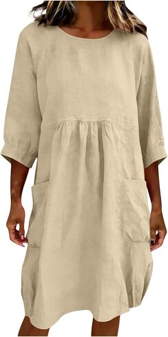 Linen Midi Dress for Women Summer 2026 Casual 3/4 Sleeve Crewneck Loose Fit Tunic Dresses Beach Vacation Clothes in Saudi Arabia