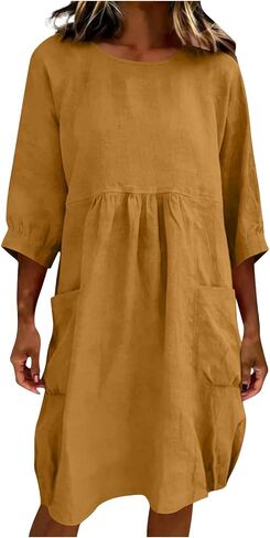 Linen Midi Dress for Women Summer 2026 Casual 3/4 Sleeve Crewneck Loose Fit Tunic Dresses Beach Vacation Clothes in Saudi Arabia