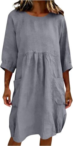 Linen Midi Dress for Women Summer 2026 Casual 3/4 Sleeve Crewneck Loose Fit Tunic Dresses Beach Vacation Clothes in Saudi Arabia