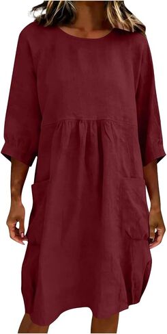 Linen Midi Dress for Women Summer 2026 Casual 3/4 Sleeve Crewneck Loose Fit Tunic Dresses Beach Vacation Clothes in Saudi Arabia