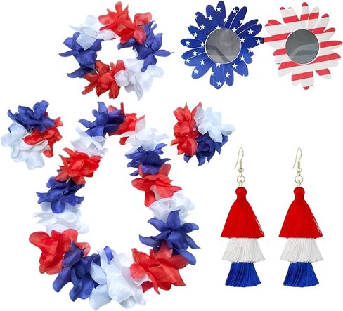 Boonbery American Red White and Blue Patriotic Lei Set, Hawaiian Flower Necklace Headband Bracelets Accessories for 4th of July Women Costumes in Saudi Arabia