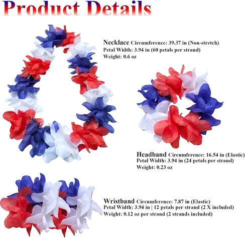 Boonbery American Red White and Blue Patriotic Lei Set, Hawaiian Flower Necklace Headband Bracelets Accessories for 4th of July Women Costumes in Saudi Arabia
