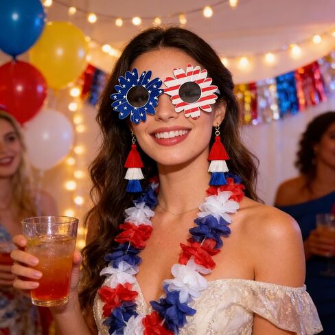 Boonbery American Red White and Blue Patriotic Lei Set, Hawaiian Flower Necklace Headband Bracelets Accessories for 4th of July Women Costumes in Saudi Arabia