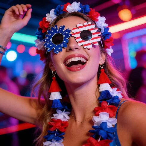 Boonbery American Red White and Blue Patriotic Lei Set, Hawaiian Flower Necklace Headband Bracelets Accessories for 4th of July Women Costumes in Saudi Arabia