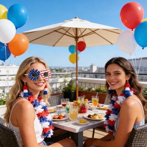 Boonbery American Red White and Blue Patriotic Lei Set, Hawaiian Flower Necklace Headband Bracelets Accessories for 4th of July Women Costumes in Saudi Arabia