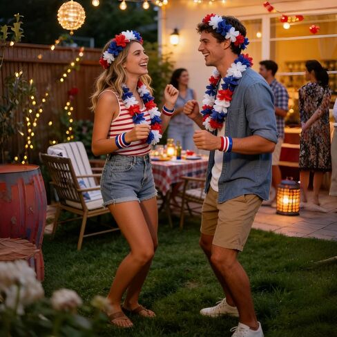 Boonbery American Red White and Blue Patriotic Lei Set, Hawaiian Flower Necklace Headband Bracelets Accessories for 4th of July Women Costumes in Saudi Arabia