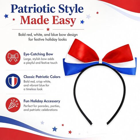 Red White and Blue Headband, 4th of July Hair Accessories for Women, Patriotic Bow Headband for Independence Day, Memorial Day, Flag Day, Parade Party Outfits in Kuwait