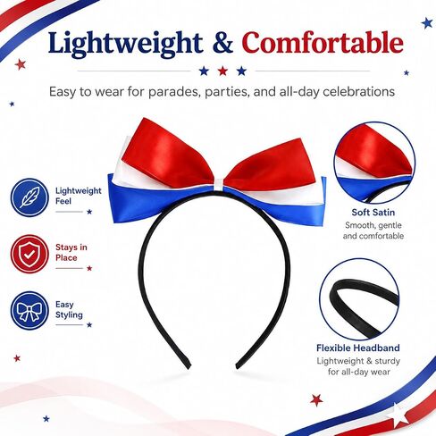 Red White and Blue Headband, 4th of July Hair Accessories for Women, Patriotic Bow Headband for Independence Day, Memorial Day, Flag Day, Parade Party Outfits in Kuwait
