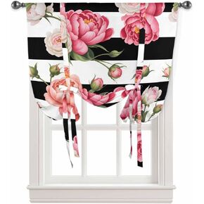 Tie Up Curtains for Windows Country Pink Flowers Rod Pocket Window Shade Adjustable Balloon Curtain Valance Floral Black White Striped for Bedroom Kitchen Bathroom Blinds,42x45In in Saudi Arabia