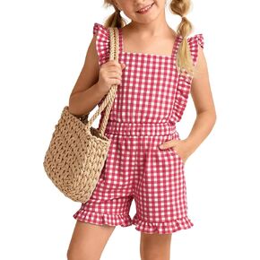 Xaatren Girls Gingham Romper Sleeveless Ruffle Jumpsuit Cute Square Neck Plaid Summer Shorts Outfits Playsuits with Pockets in Kuwait
