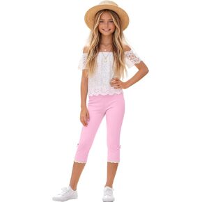 Girls Capri Leggings Kids Dance Workout Running Yoga Pants with Bow Lace Trim Summer 5-14 Years in Kuwait