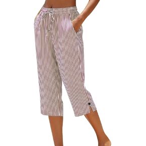 Women's Capri Pants Striped Straight Leg Drawstring Elastic High Waist Casual Cropped Pant Loose Fit Summer Outfits in Saudi Arabia