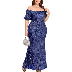Plus Size Off Shoulder Sequin Evening Gown Ruffle Short Sleeve Mermaid Maxi Dress Glitter Cocktail Party Prom in Kuwait