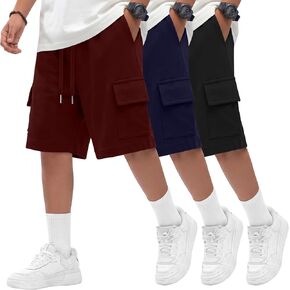 Oakgarden 3 Pack Boys Cargo Shorts Kids Athletic Drawstring Shorts with Pockets Teen Summer School Sweat Shorts 5-14 Years in Kuwait