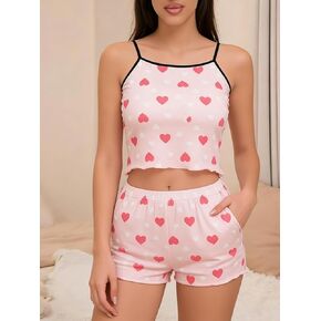 طقم بيجامات للنساء طقم بيجامة نسائي وردي مطبوع على شكل قلب قميص علوي وشورت قصير متباين ملابس نوم in Kuwait