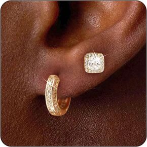 Earrings for Men - 2 Pairs 14K Gold/Silver-Plated Cubic Zirconia Round/Square Stud with Huggie Hoop Earrings Set for Women, Mens Hypoallergenic Cartilage Earring Studs for Sensitive Ear in Saudi Arabia