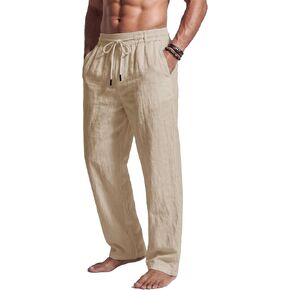 PIDOGYM Men's Linen Pants Casual Lightweight Drawstring Elastic Waist Pockets Loose Fit Straight Legs Summer Beach Yoga in Saudi Arabia
