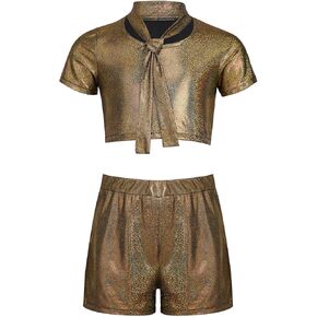 Girls Metallic Crop Tops with Shiny Shorts Jazz Dance Outfits Cheer Outfit for Cheerleading Black Gold 7-8 Years in Saudi Arabia