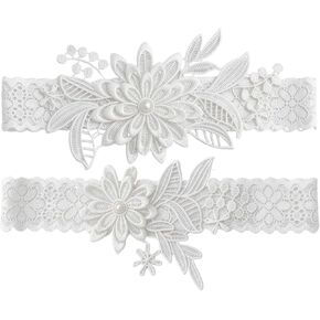 2Pcs Floral Lace Garter Belt Elegant Garters for Bride Hand Sewn Faux Pearls Stretchy Soft Lace Thigh Garter for Wedding Party Prom Anniversary Cosplay Stage Show and Daily Wear in Saudi Arabia
