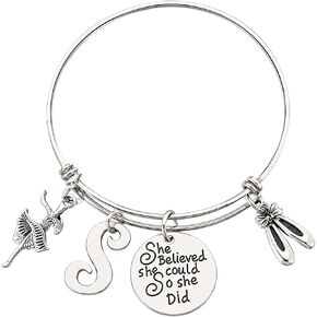 Custom Dance Charm Bangle Bracelet with Initial, She Believed She Could So She Did Pendant, Ballet Dancer Jewelry Gift, Adjustable Wire Bangle, Dance Recital Team Coach Appreciation Gift in Saudi Arabia