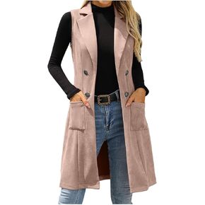 Womens Faux Suede Vest Jacket Mid Long Button Business Casual Coats Sleeveless Open Front Suede Leather Vests Jackets in Kuwait