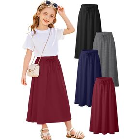 4 Pack Girls Long Skirt Midi Knit A-Line Elastic Waist Stretch Drawstring Ankle Length Basic Casual Teen 5-16 Years in Kuwait