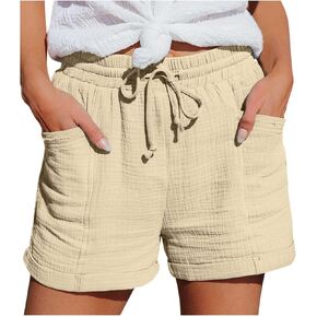 Women Linen Shorts with Pockets Casual Summer Elastic Waist Soft Beach Loose High Waisted Cotton Lounge Short in Saudi Arabia