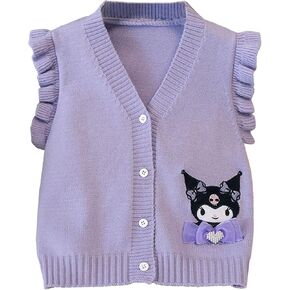 Cartoon Girls Knit Sweater Vest V Neck Sleeveless Knitted Cardigan Sweaters with Detachable Bow Button Crop Tank Top in Kuwait