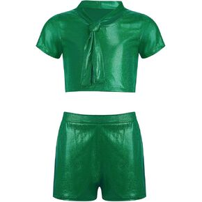 Girls Metallic Crop Tops with Shiny Shorts Jazz Dance Outfits Cheer Outfit for Cheerleading Green 9-10 Years in Saudi Arabia