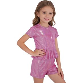 DINORMIN Girls Metallic Peplum Crop Tops with Shiny Shorts Rave Dance Outfits Cheer Outfit for Cheerleading Hot Pink 7-8 Years in Saudi Arabia
