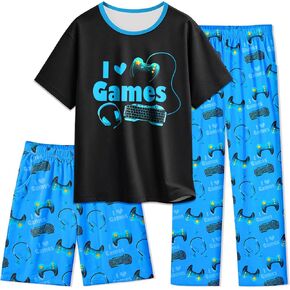 Boys Pajamas 3 Piece Set Big Boys Pjs Soft Short Sleeves, Shorts and Pants Kids Sleepwear Loungewear Size 8-14 in Saudi Arabia