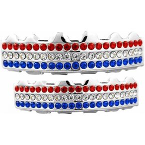 Team Color Silver Iced CZ Bling Mouth Teeth Grillz Red White Blue in Saudi Arabia