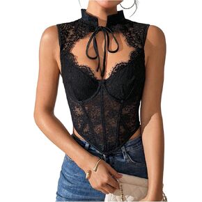 RoseSeek Women's Lace Cut Out Corset Tops Sheer Mesh Crop Tops Stand Neck Sleeveless Tops Shapewear in Kuwait