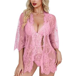 Womens Sexy Lingerie Set 2 Piece G-String Bodysuit with Robe Sleepwear Mesh Teddy Nightwear for Bridal Wedding in Kuwait