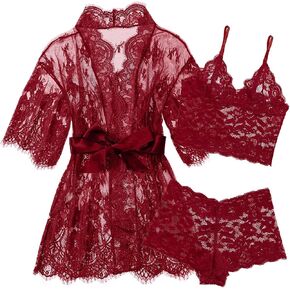 Sexy Floral Lace Eyelash Lingerie Set with Robe Pajamas 3 Piece in Kuwait